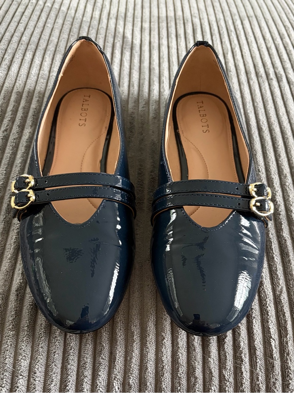 Talbots Navy Patent Mary Jane Flats with Gold Buckles